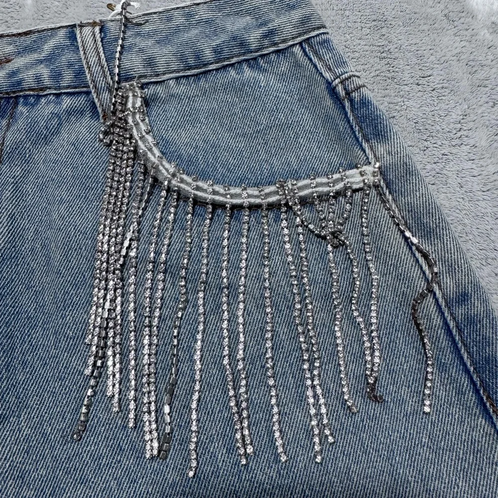 CLOUD TEN S BEING BLING FRINGE SHORTS CUFFED DENIM HI‎ WAIST RHINESTONES SEQUINS - Picture 2 of 8